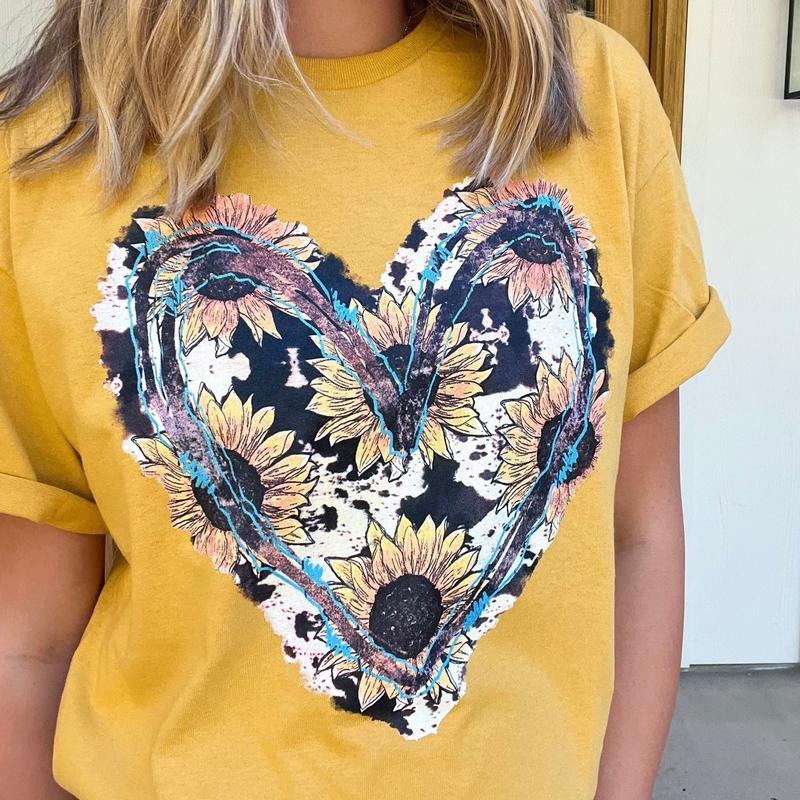 Sunflower and Turquoise Heart Graphic Tee Hoodie, Sweatshirt | CiraTrend.com
