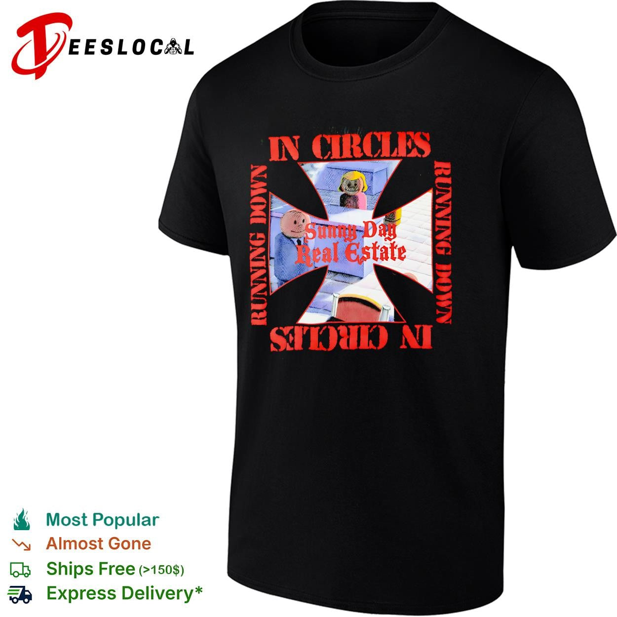 Sunny Day Real Estate in circles running down shirt