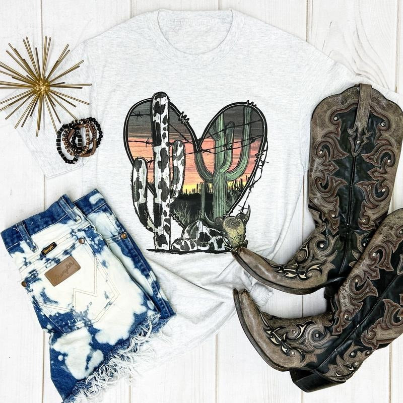 Sunset Heart Cow Cactus Graphic Tee Hoodie, Sweatshirt | CiraTrend.com