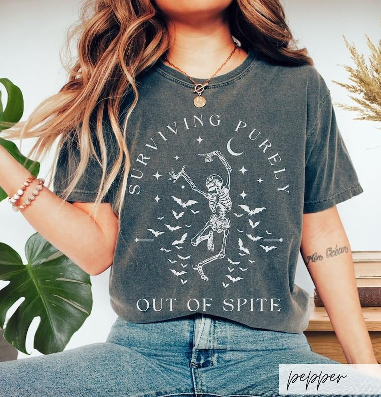 Surviving Purely out of Spite Shirt, Funny Goth Celestial Skeleton and Bats Shirt, Bat Lover Gothic Boho Garment Dyed  T-shirt, sweater and Hoodie