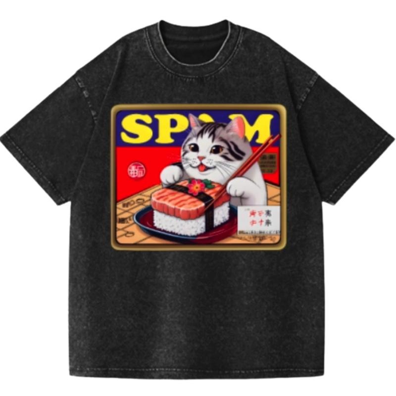 Sushi Cat Vintage Wash Japanese Design T-Shirt, Funny Anime Graphic Tee Shortsleeve Comfort Top Hoodie, Sweatshirt