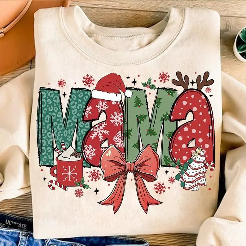 Christmas Mama With Bow And Tree Cotton T-shirt/Sweatshirt for Women - Unisex Style