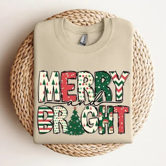 Merry and Bright Family Christmas Cotton T-shirt/Sweatshirt for Women - Unisex Style - Womenswear, Top Hoodie | CiraTrend.com