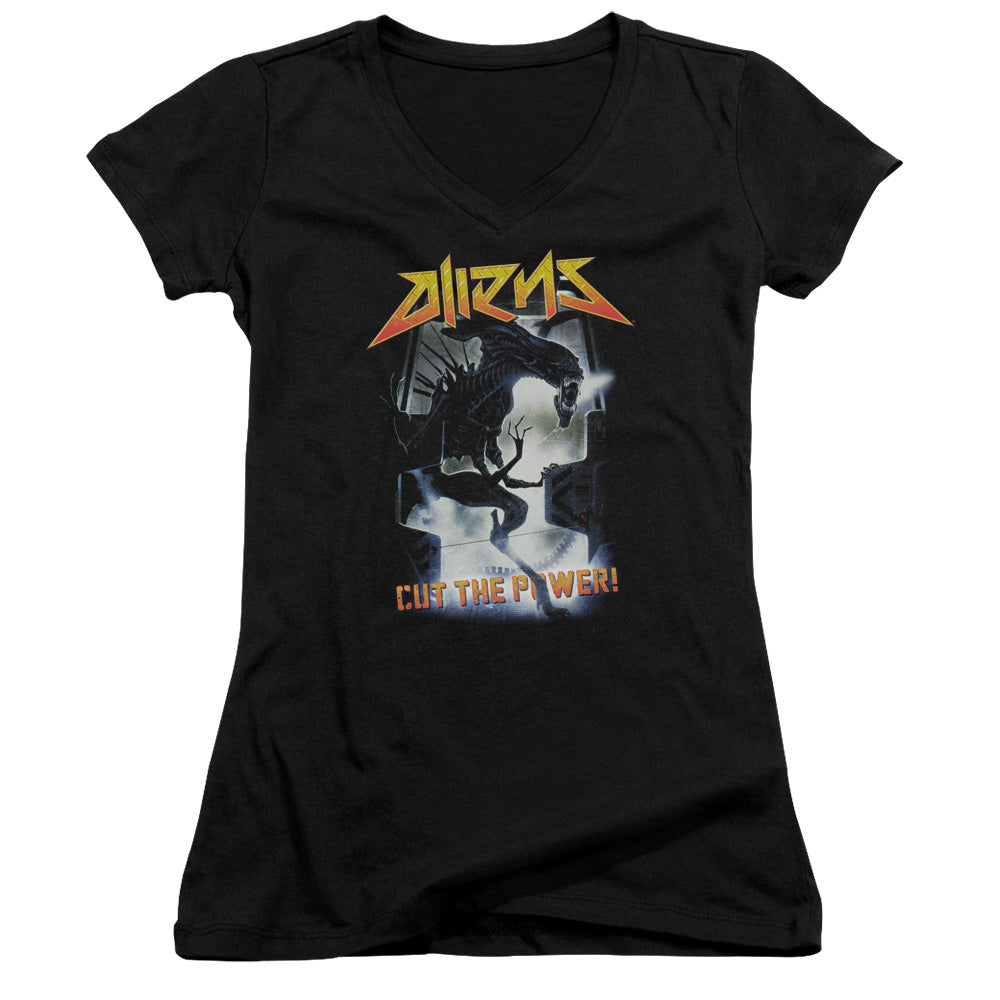 Aliens Cut The Power Junior Sheer Cap Sleeve V-Neck Womens T Shirt Black Hoodie, Sweatshirt | CiraTrend.com
