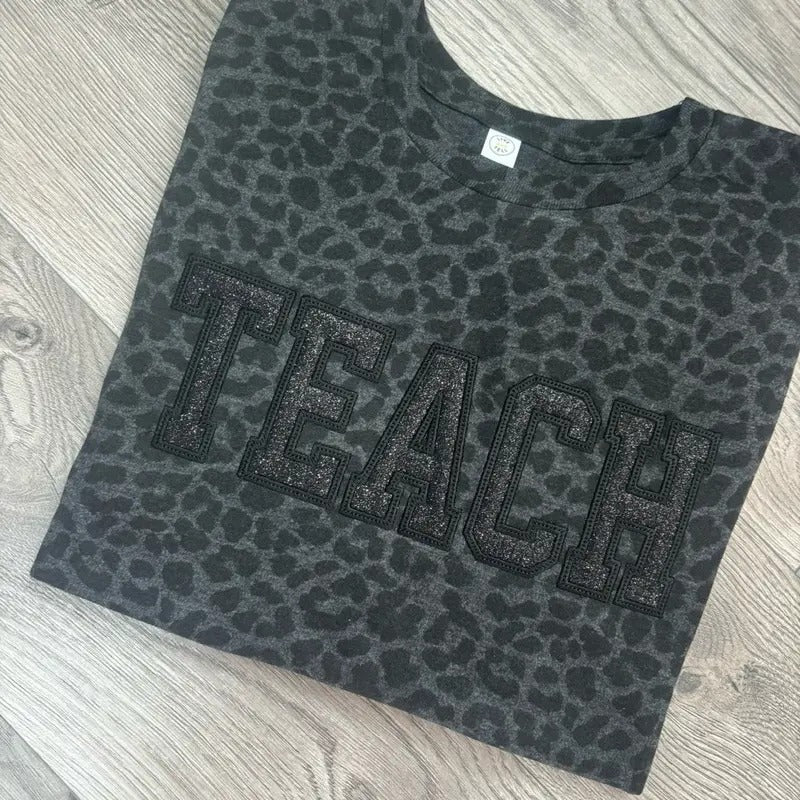 TEACH Monochromatic Glitter Leopard Tee Hoodie, Sweatshirt | CiraTrend.com