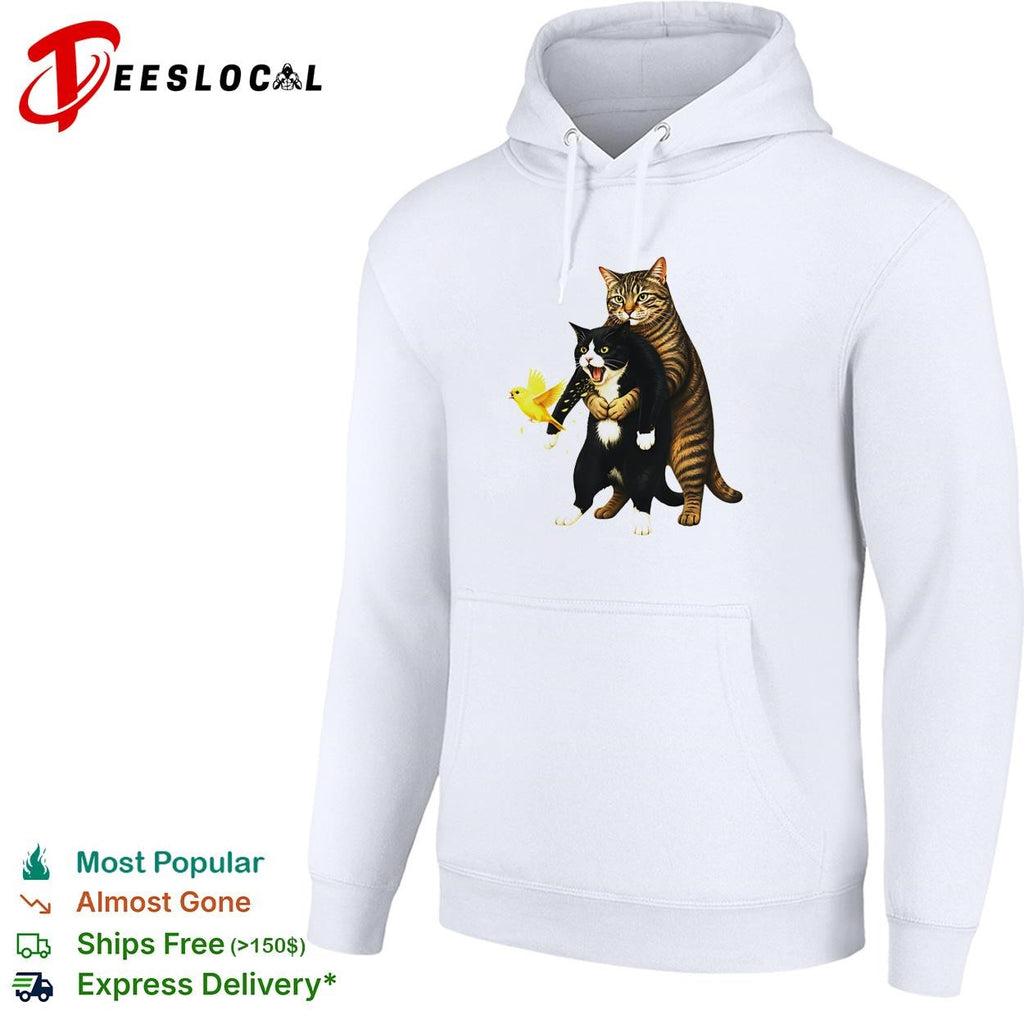 Tabby cat hugging black cat animal meme yellow bird shirt