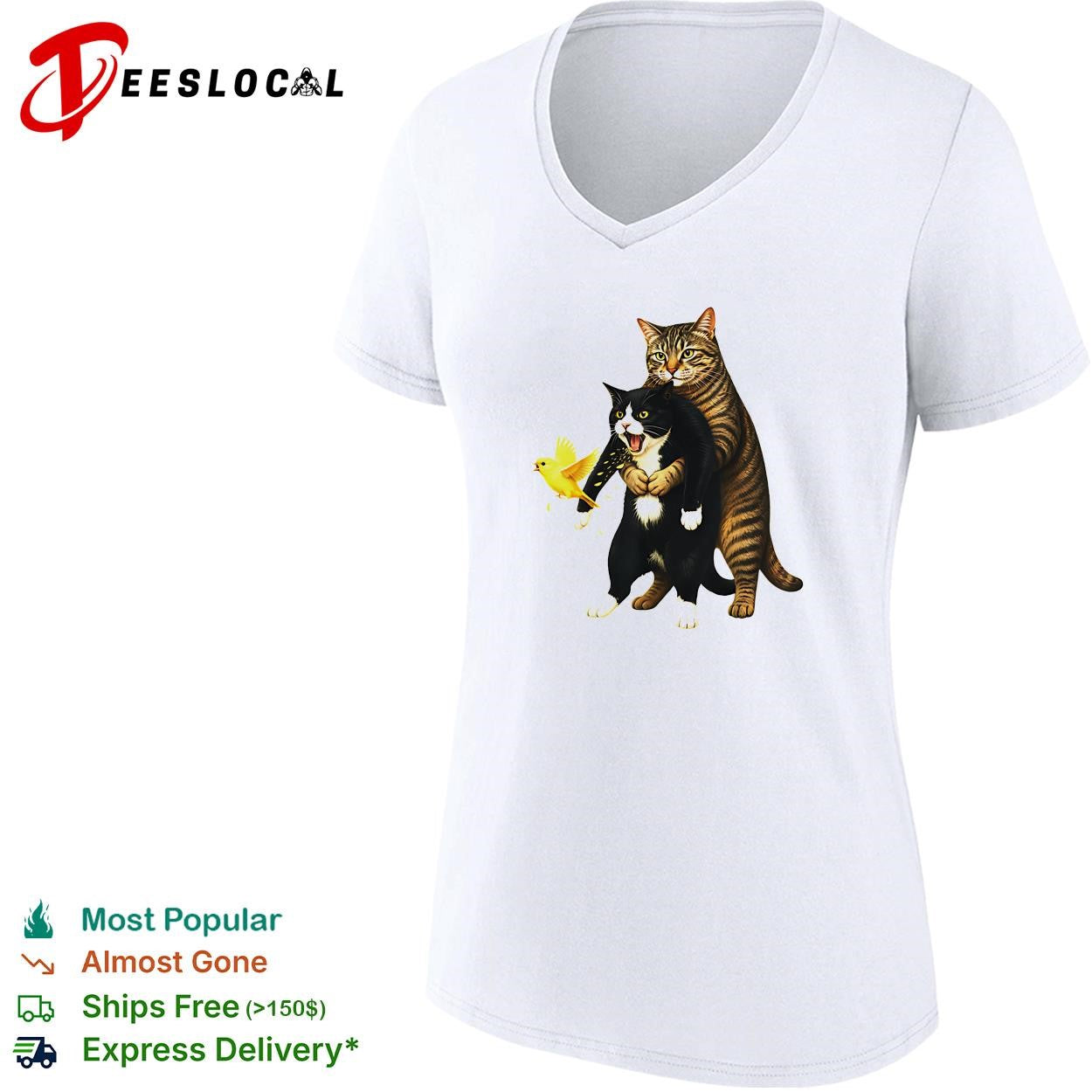 Tabby cat hugging black cat animal meme yellow bird shirt