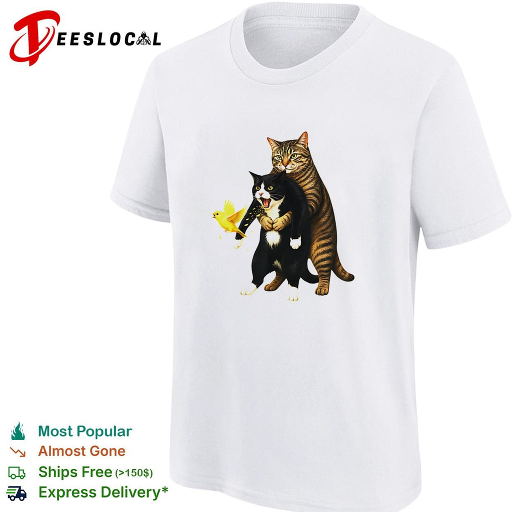 Tabby cat hugging black cat animal meme yellow bird shirt