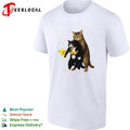 Tabby cat hugging black cat animal meme yellow bird shirt