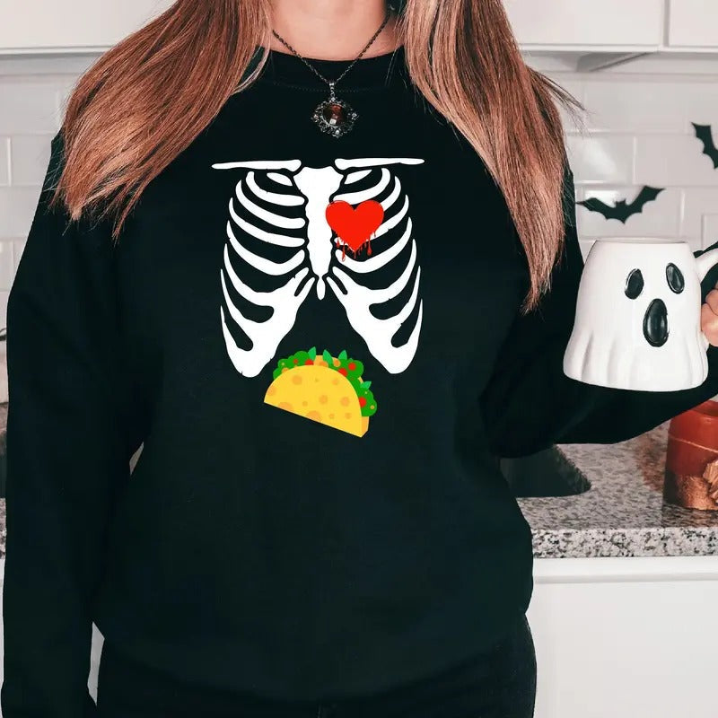 Taco Skeleton Sweatshirt, Taco Lovers Gift Hoodie, Funny Halloween Party Sweater, Spooky Mexican Hoodie. T-Shirts