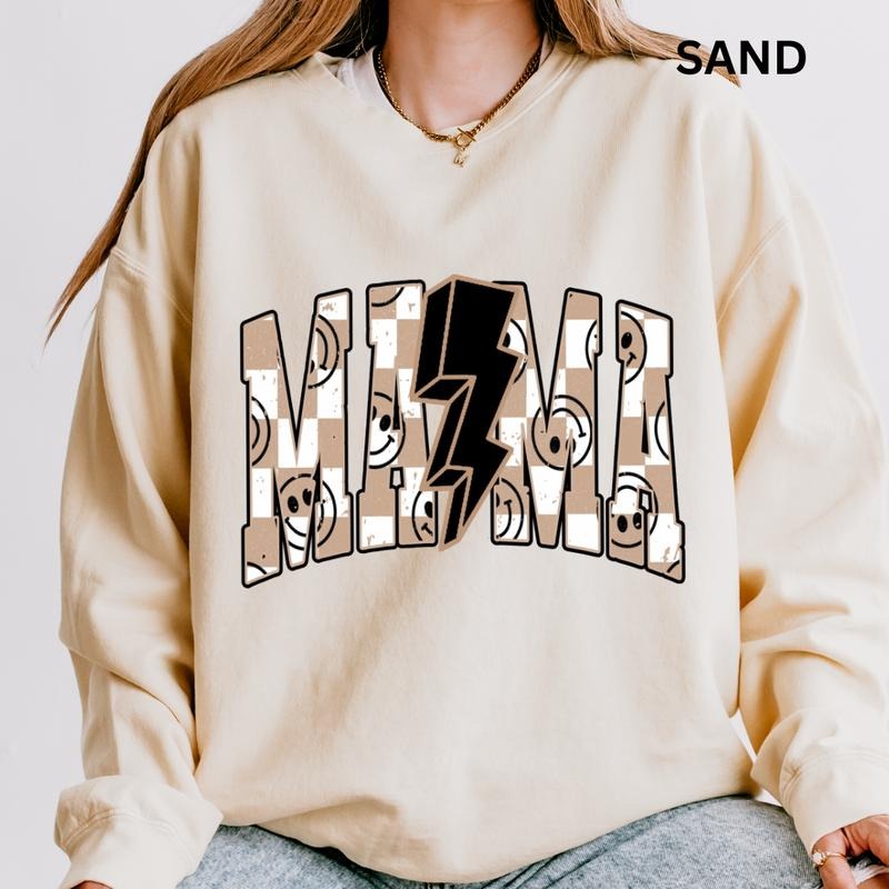 Tan Checkered Mama Sweatshirt, Mama Sweatshirt Winter Graphic Long Sleeve Casual Cotton Polyester Oversized sweatshirt -...