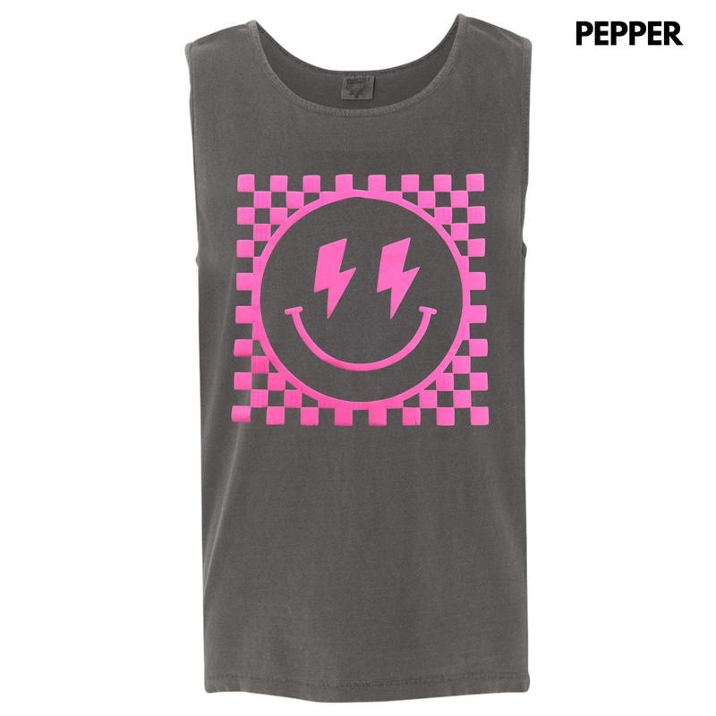 Tank Top - Pink PUFF Checkered Happy Face Comfort Colors Tank Top T-Shirts, Hoodie, Sweatshirt | CiraTrend.com