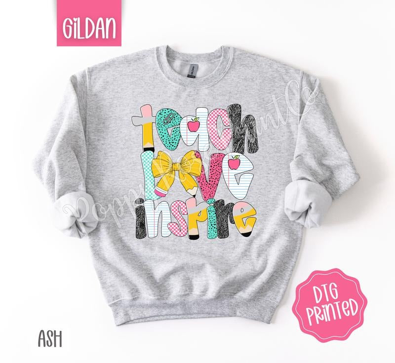 Teach Love Inspire Sweatshirt, Cute Teacher Sweater, Trendy Bow Crewneck, Gift for Her