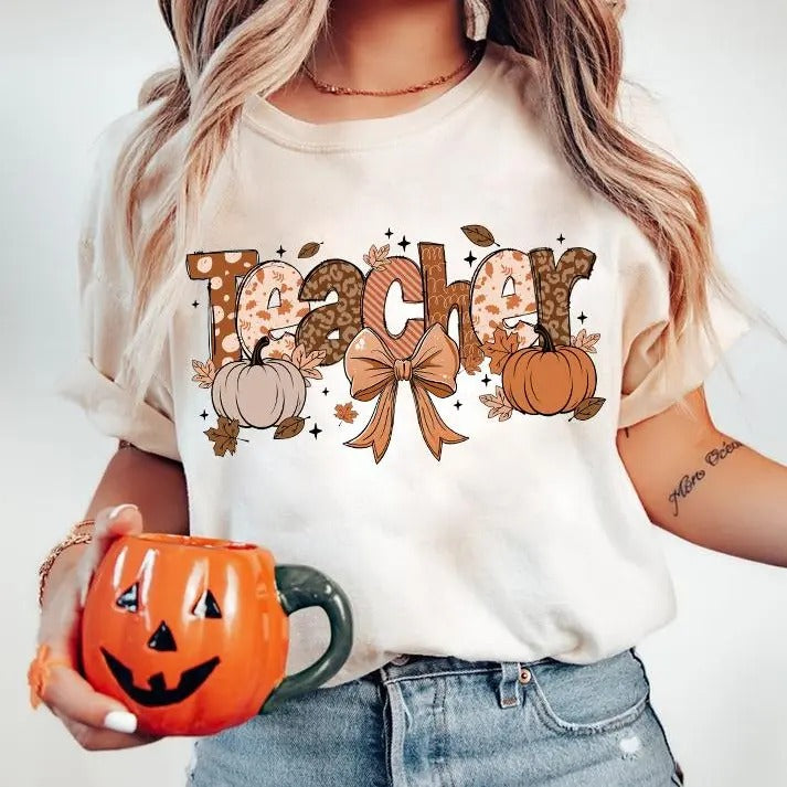 Teacher Fall Coquette Shirt, Teacher Autumn Doodle Sweatshirt, Teach Love Inspire Shirt Unisex Cotton Crewneck Hoodie