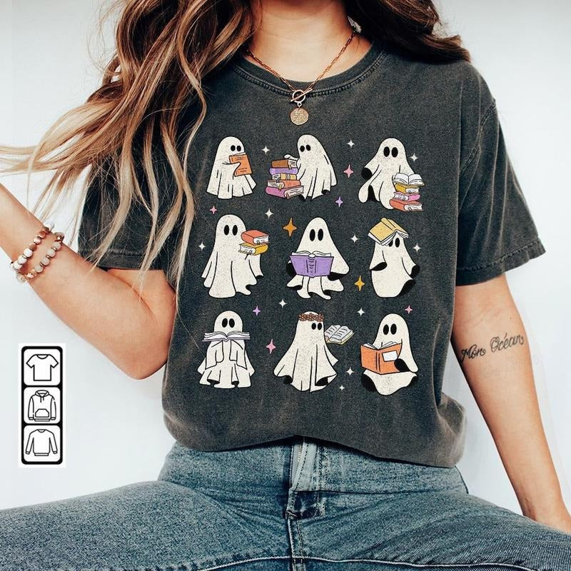 Teacher Ghost Reading Books Sweatshirt, Teacher Ghost Tee, Spooky Vibes Shirt, Trendy Halloween Gift Hoodie | CiraTrend.com