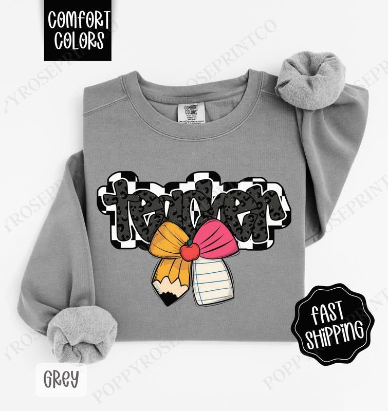 Teacher School Bow Comfort Colors Sweatshirt, Cute Teacher Apparel, School Gift, Teacher Appreciation, Teacher Sweatshirt...