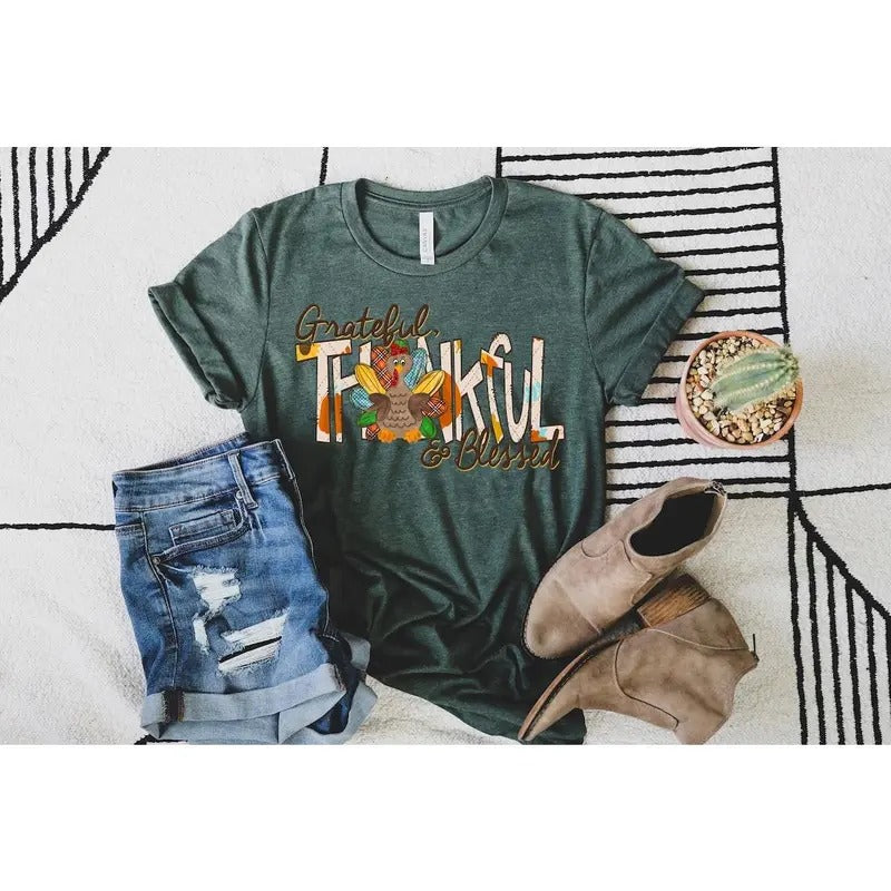 Thankful,Grateful,Blessed with Turkey Shirt, Thanksgiving T-Shirt, Fall Vibes Shirt, Fall Turkey Shirt, Thanksgiving...