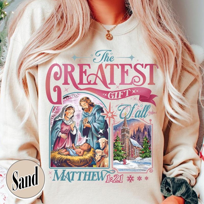 The Greatest Gift of All Sweatshirt, Christmas Family Sweatshirt With the Nativity, Christian Christmas Sweatshirts...