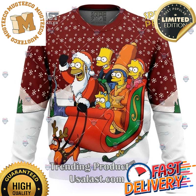 The Simpsons Reindeer Cart Ugly Christmas Sweater For Holiday 2023 Xmas Gifts