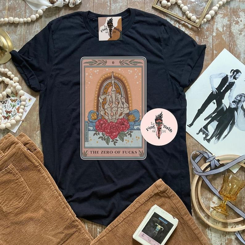 The Zero of Fucks Tarot Card T-shirt, Skeleton swear finger Tarot Card Tee, skeleton hand tarot T-shirts, middle finger...
