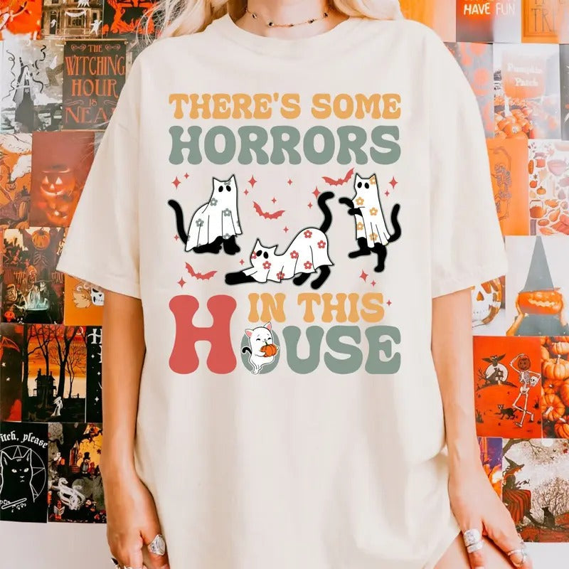There's Some Horrors In This House Shirt Ghost Cats, Ghost Cats Shirt, Funny Halloween Tee Hoodie, Sweatshirt | CiraTrend.com
