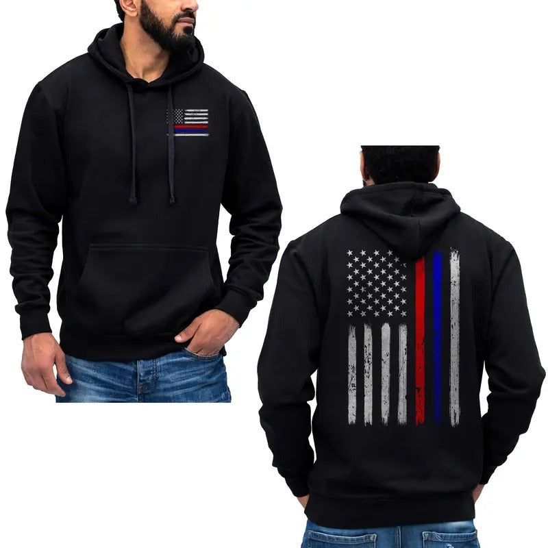 Thin Red & Blue Line Vertical Brushed Flag Police Hoodie Sweatshirt Cotton Fabric T-Shirts | CiraTrend.com