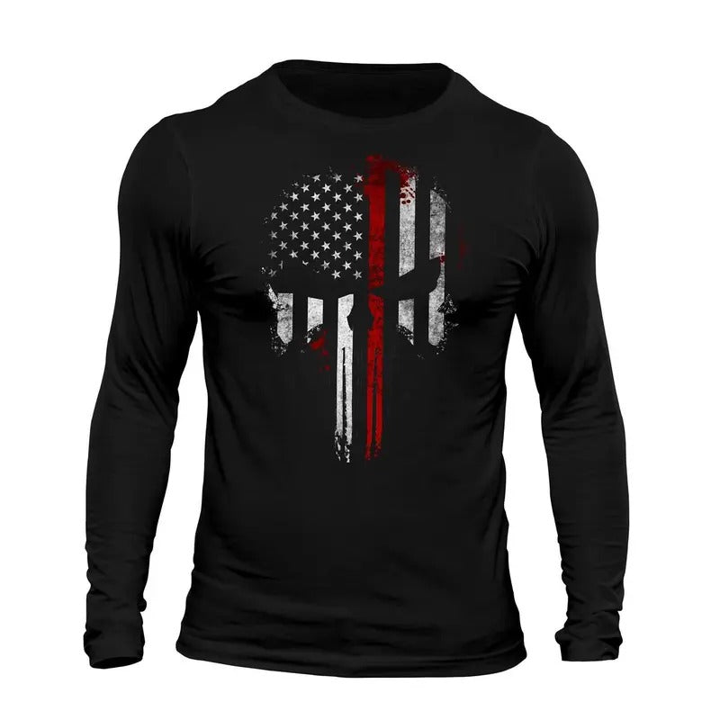 Thin Red Line Flag Skull USA Firefighter Long Sleeve Men's T-Shirt Casual Classic Hoodie, Sweatshirt | CiraTrend.com