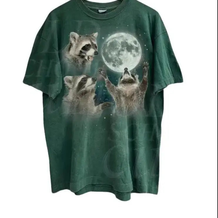 Three Raccoons Vintage Graphic T-shirts, Retro Raccoon Moon Tshirt, Raccoon Lovers, Funny Raccon Tee, Oversized Washed Tee, Raccoon Gifts Streetwear Streetwear Streetwear Menswear Top