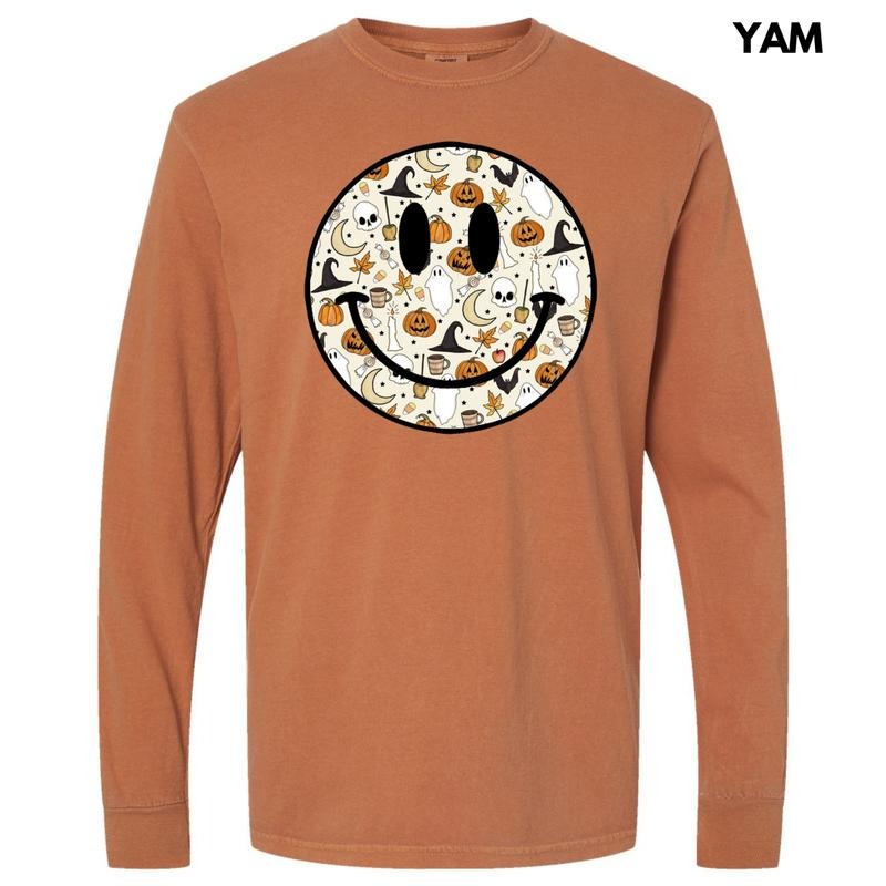 Toil & Trouble Halloween Happy Face Long Sleeve Comfort Colors T-Shirt 'NLB' Hoodie, Sweatshirt | CiraTrend.com