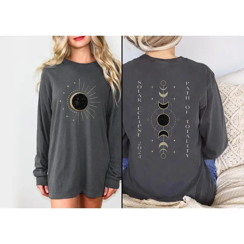 Total Solar Eclipse 2024 Long Sleeve Shirt Path Totality Countdown Totality Celestial Shirt Astronomy Sun Shirt Moon Phases Shirt T-Shirts, Hoodie, Sweatshirt