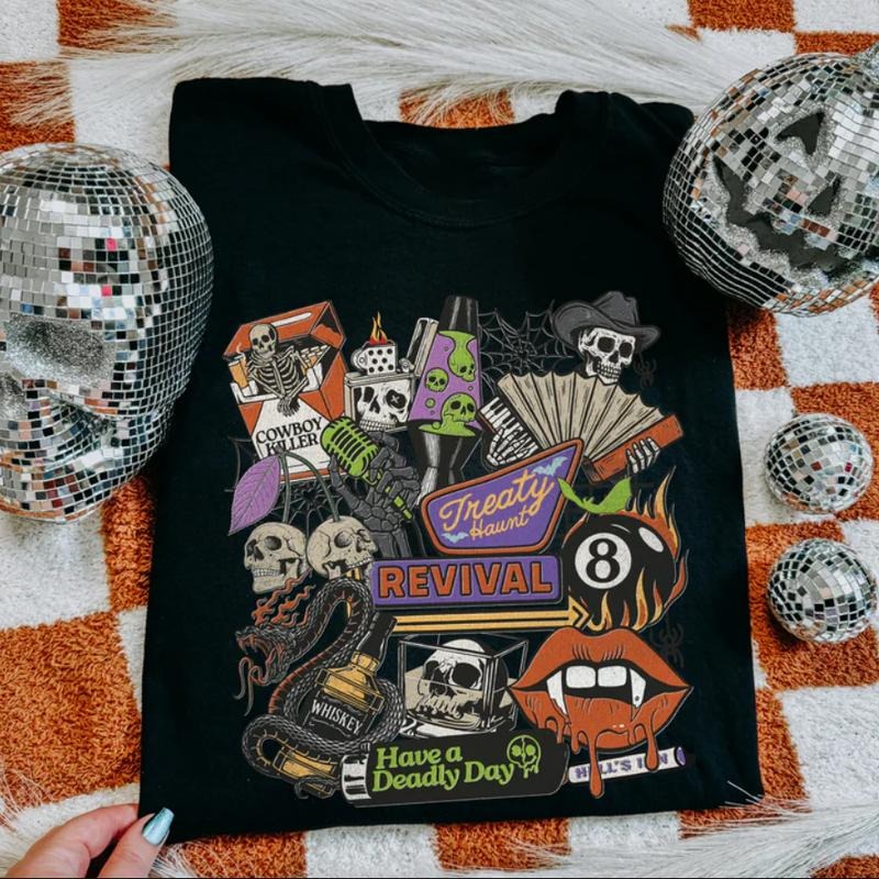 Treatyween Halloween shirt, vintage halloween western graphic tees, western outfits women, women's graphic tees clothes,...