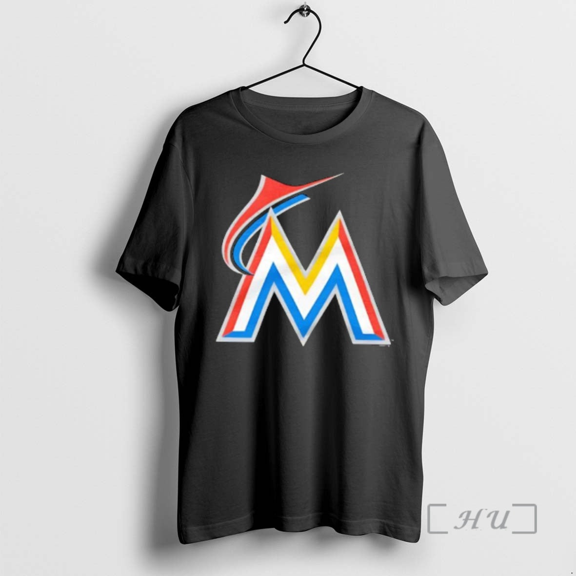 Trending Miami Marlins Logo Stylized Metallic Letter M With Red Blue Yellow Stripes Premium T-Shirts, Hoodie, Sweatshirt