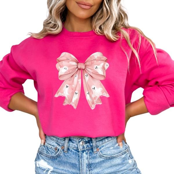 Trendy Coquette Halloween Long Sleeve Crewneck | Unisex | Colorful Bow with Ghosts | Feminine, Delicate, Playful Design | Available in Black, Charcoal, and Pink