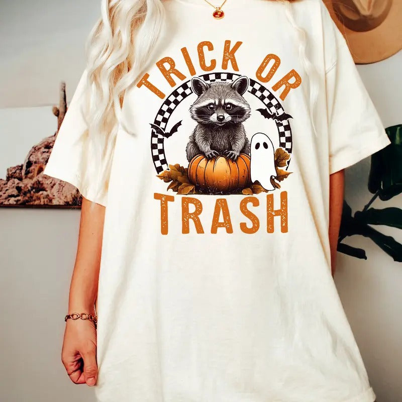 Trick or Trashy Racoon Halloween Shirt, Retro Racoon Shirt, Cute Racoon Shirt, Womens Pumpkin Gift, Girly Halloween Shirt...