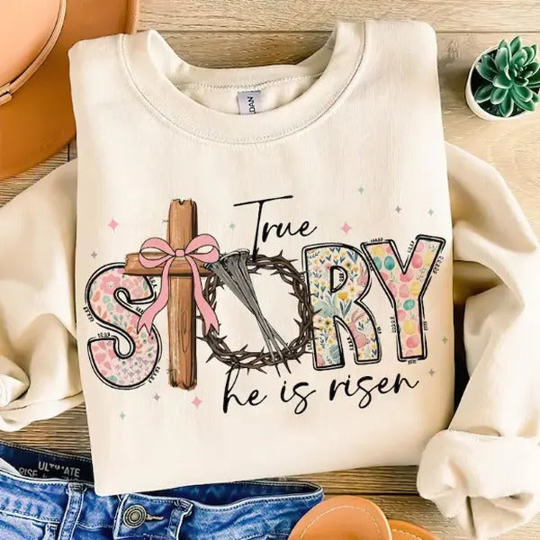 True Story He Is Risen, Retro Easter, Vintage Easter Coquette with Bible Verse T-Shirts, Hoodie, Sweatshirt | CiraTrend.com