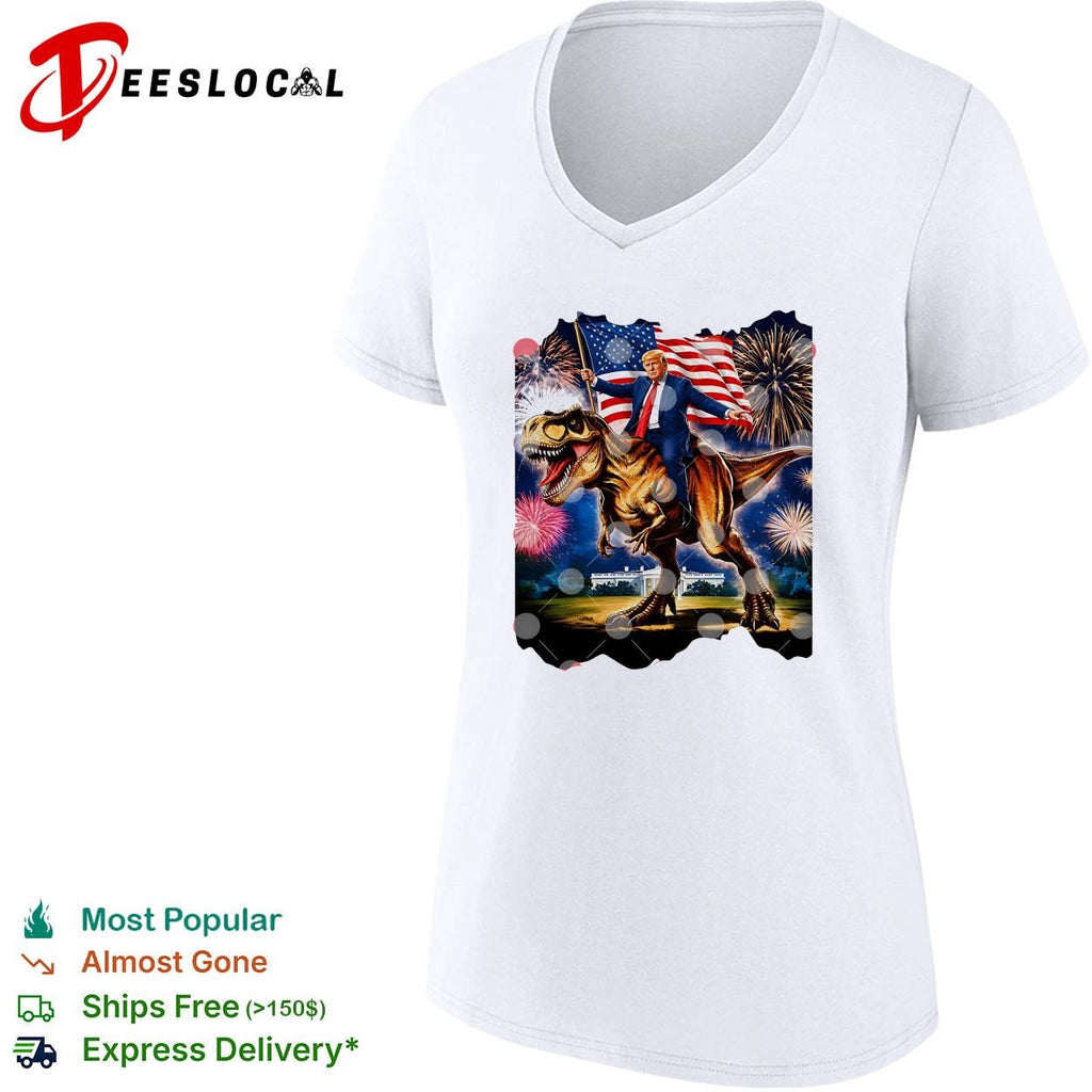 Trump Riding T-Rex American Flag Fireworks 4th Of July shirt