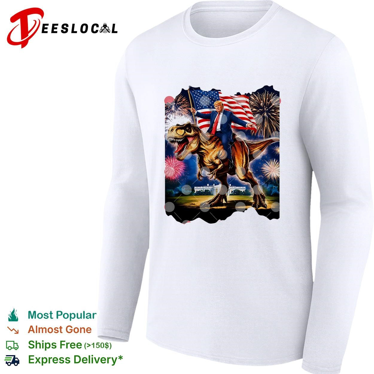 Trump Riding T-Rex American Flag Fireworks 4th Of July shirt
