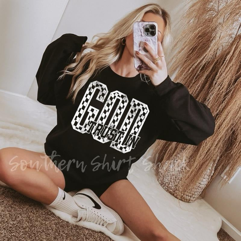 Trust in God Checkered Sweatshirt | Black T-Shirts, Hoodie | CiraTrend.com