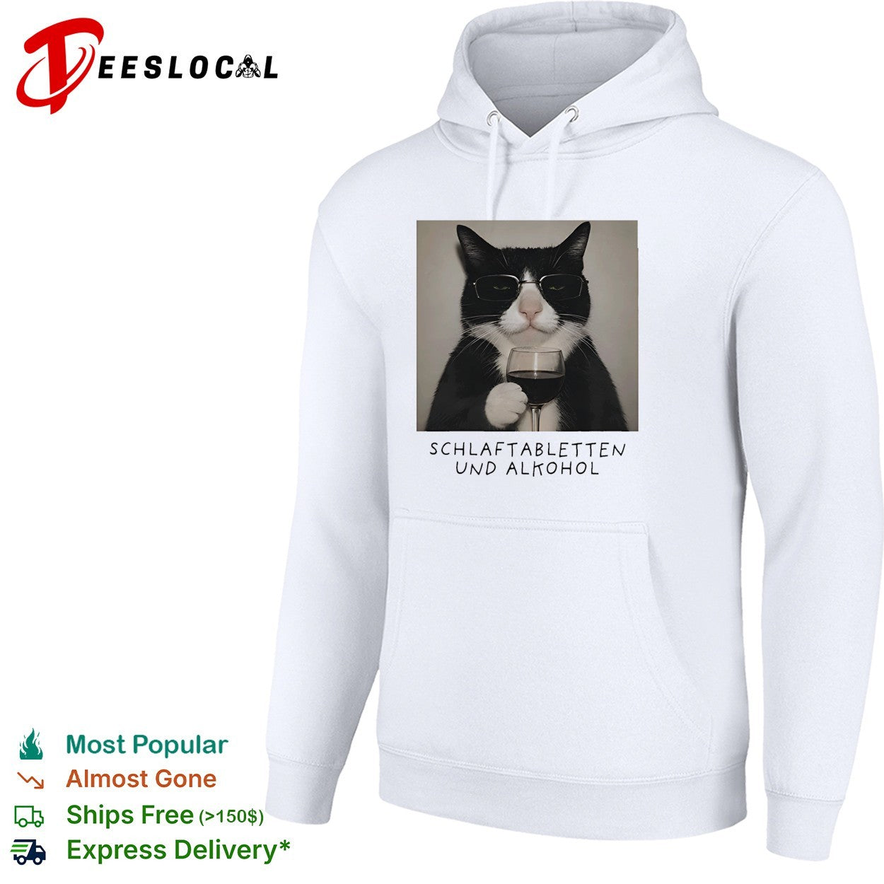 Tuxedo cat wine glass deadpan German caption shirt