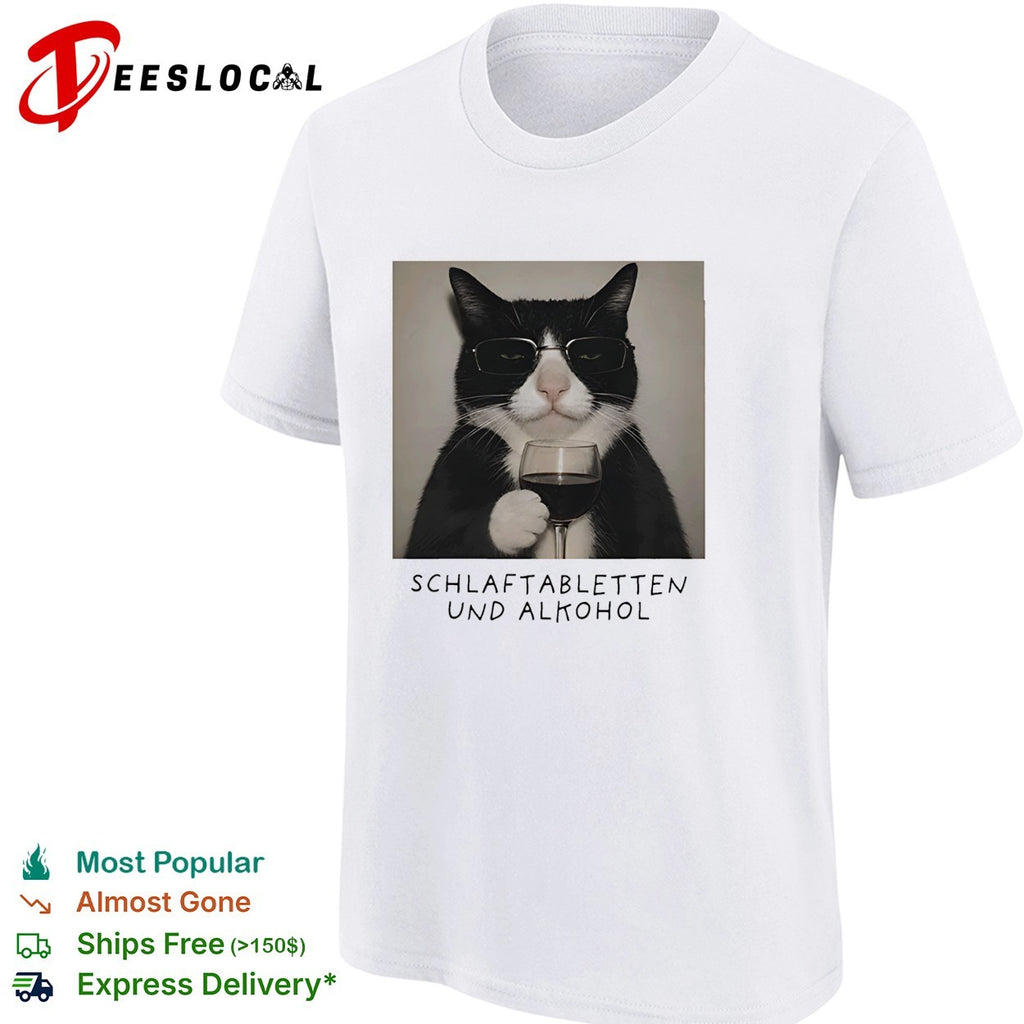 Tuxedo cat wine glass deadpan German caption shirt