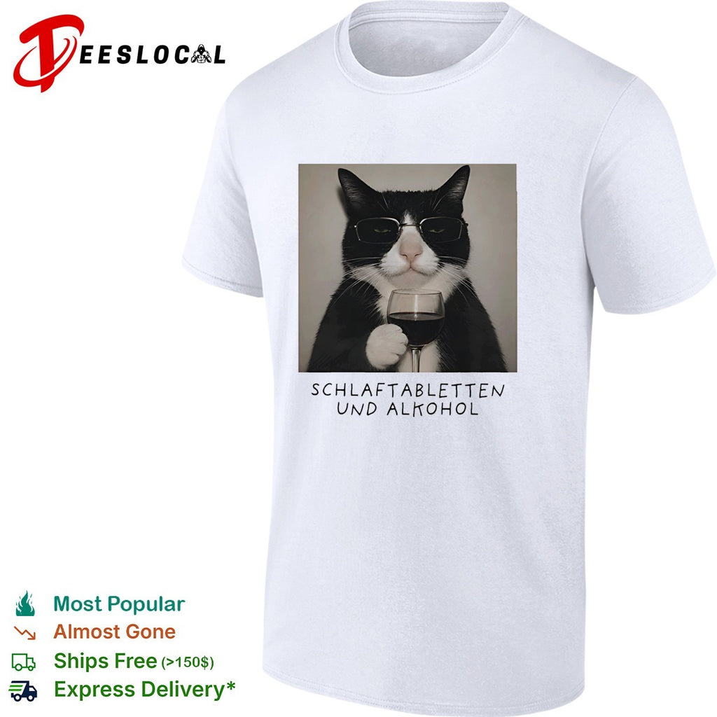 Tuxedo cat wine glass deadpan German caption shirt