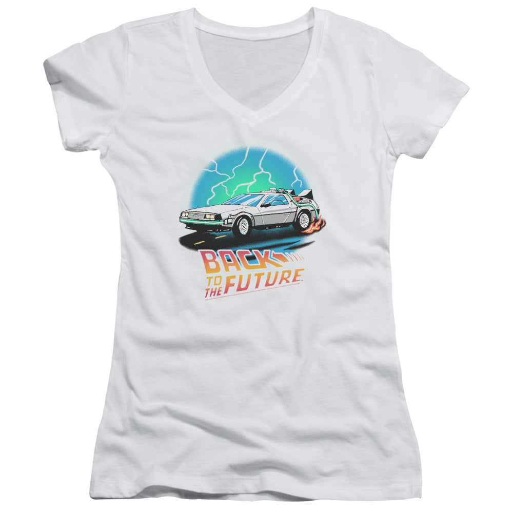 Back To The Future Airbrush Junior Sheer Cap Sleeve V-Neck Womens T Shirt White Hoodie, Sweatshirt | CiraTrend.com