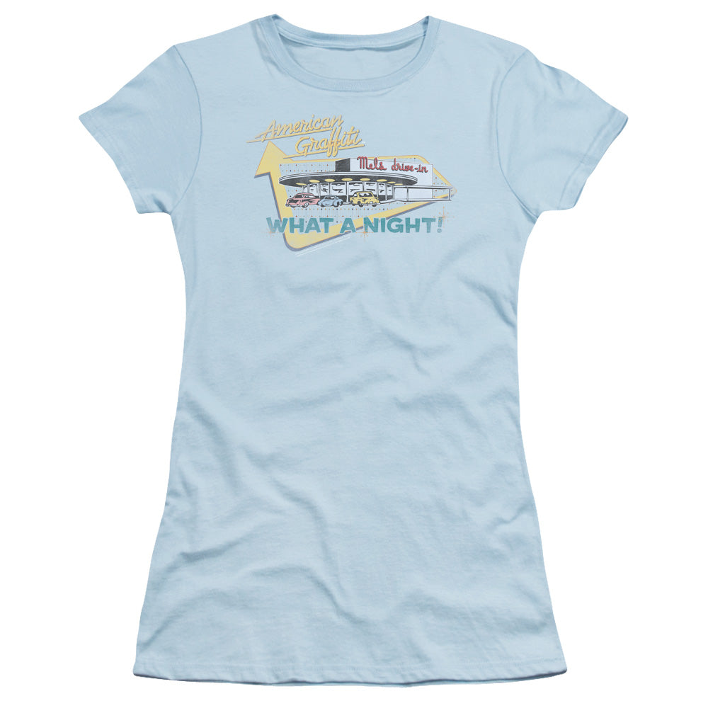 American Graffiti Mels Drive In Junior Sheer Cap Sleeve Womens T Shirt Light Blue Hoodie, Sweatshirt | CiraTrend.com