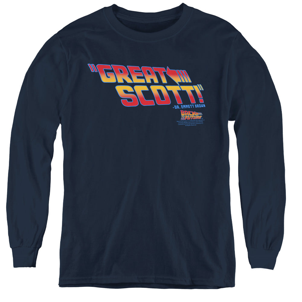 Back To The Future Great Scott Long Sleeve Kids Youth T Shirt Navy Blue Hoodie, Sweatshirt | CiraTrend.com