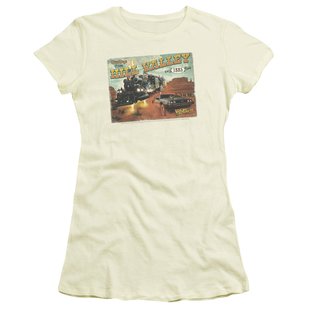 Back To The Future III Hill Valley Postcard Junior Sheer Cap Sleeve Womens T Shirt Cream Hoodie, Sweatshirt | CiraTrend.com