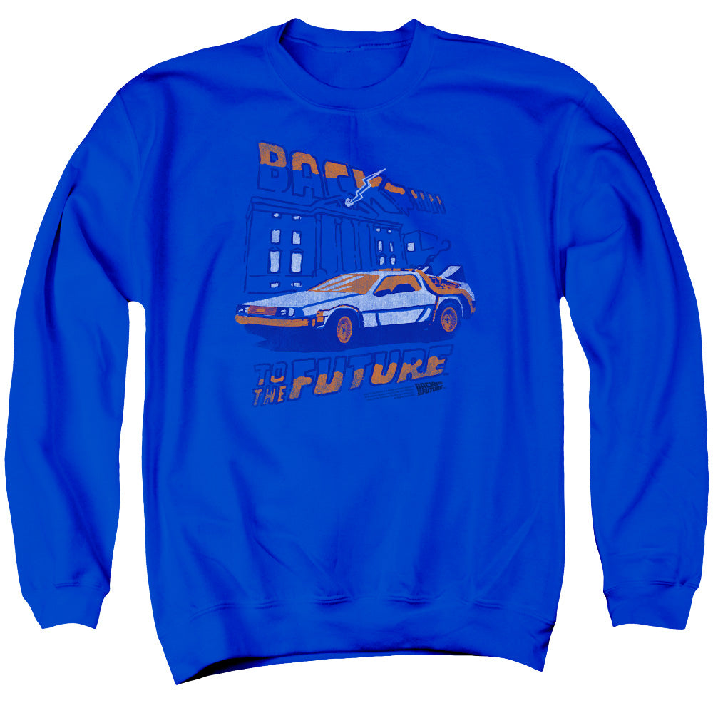 Back To The Future Lightning Strikes Mens Crewneck Sweatshirt Royal Blue T-Shirts, Hoodie | CiraTrend.com (Image 1)