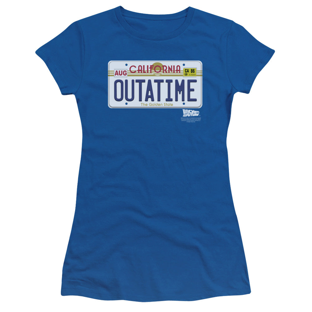 Back Future Outatime Plate Junior Sheer Cap Sleeve Royal Blue T-Shirts, Hoodie, Sweatshirt