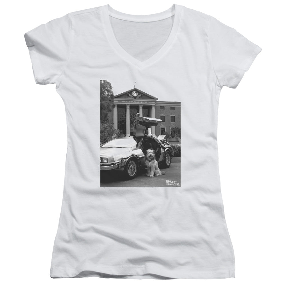 Back To The Future II Einstein Junior Sheer Cap Sleeve V-Neck Womens T Shirt White Hoodie, Sweatshirt | CiraTrend.com