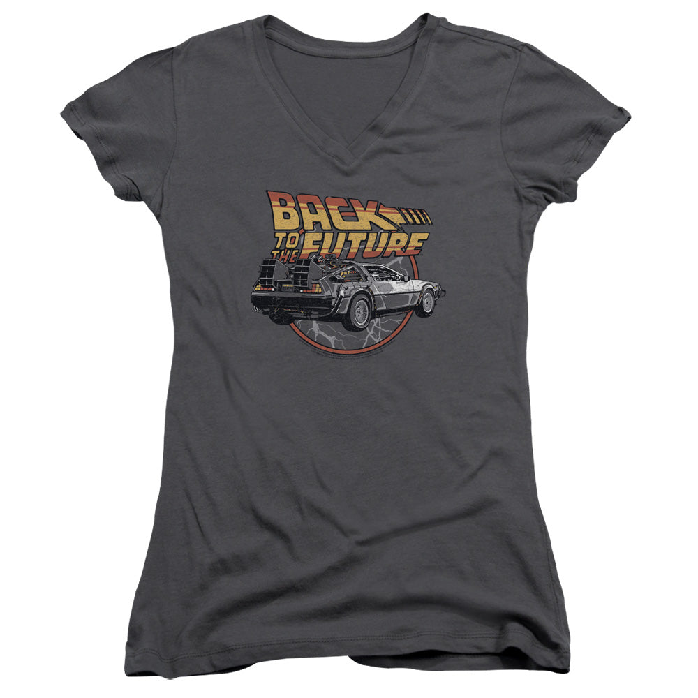 Back To The Future Time Machine Junior Sheer Cap Sleeve V-Neck Womens T Shirt Charcoal Hoodie, Sweatshirt | CiraTrend.com