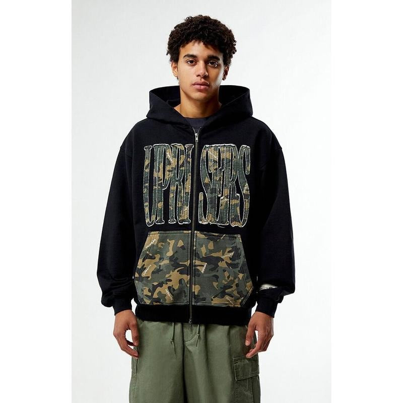 UPRISERS Men's Black Camo Full Zip Hoodie T-Shirts, Sweatshirt | CiraTrend.com
